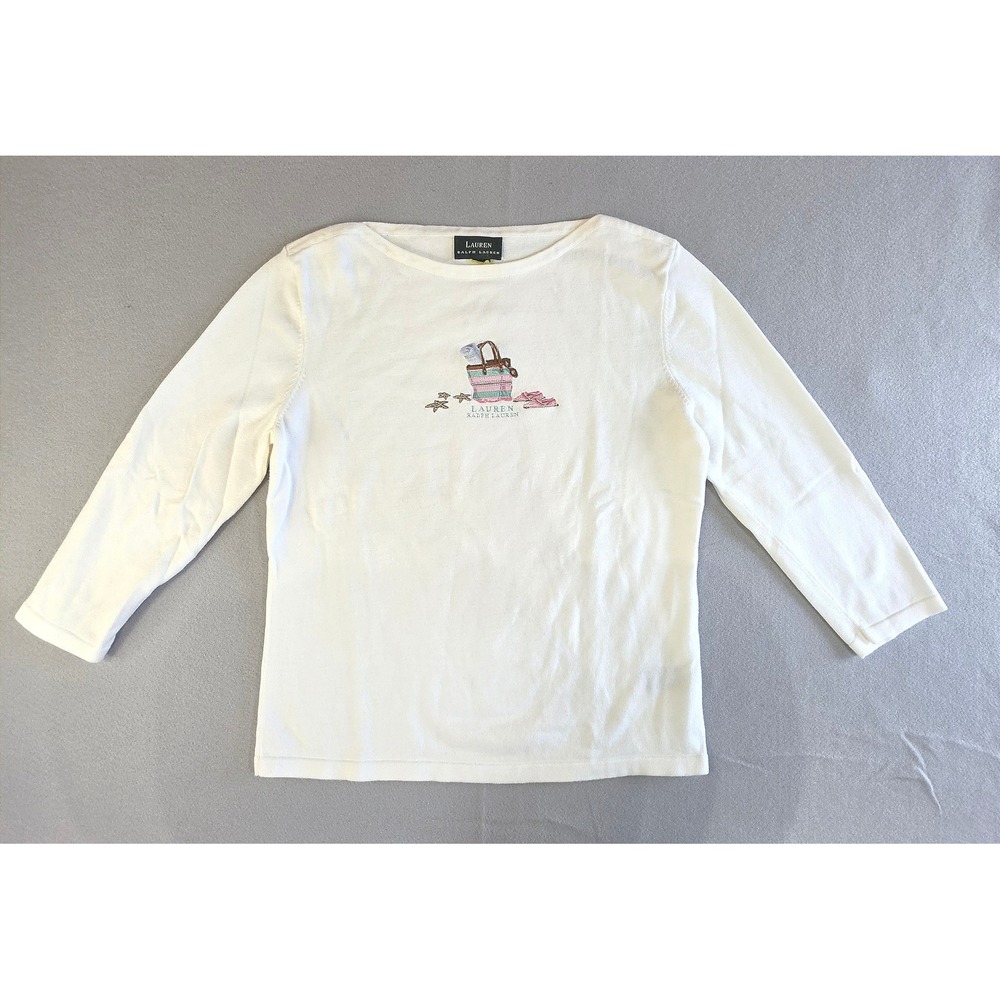 Lauren Ralph Lauren Coastal Preppy Beach Embroidered Sweater M White Boatneck